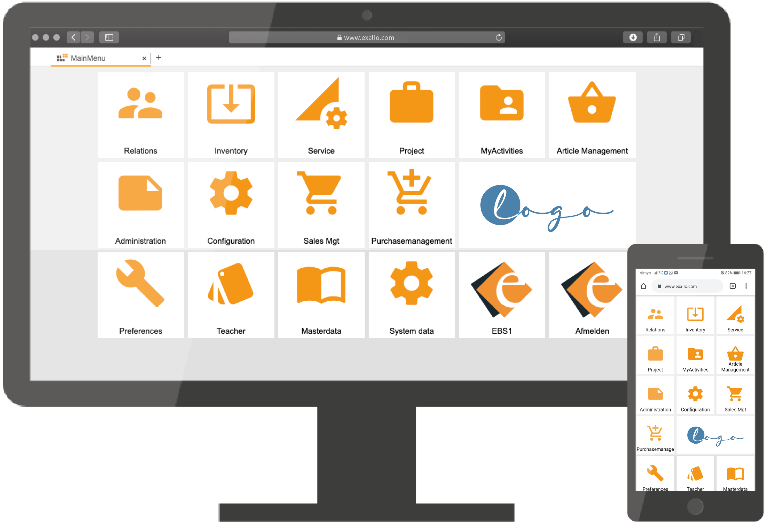 Exalio Business Solution shown on a desktop and a mobile screen